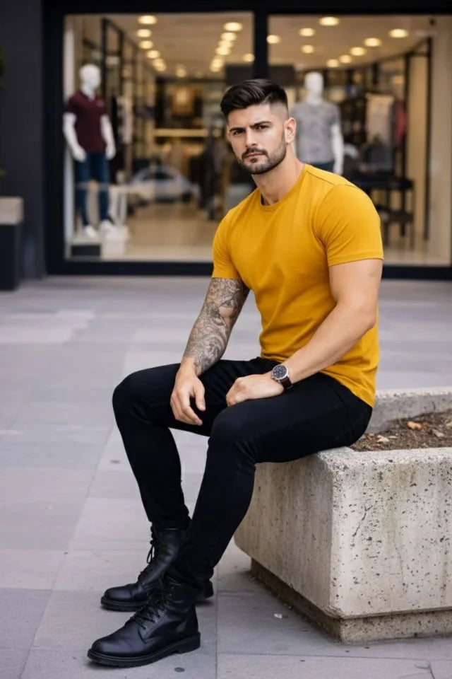 Erkek T-Shirt Bisiklet Yaka Slim Fit Dar Kesim Likralı Tişört Günlük Basic Body - Limon (184103)