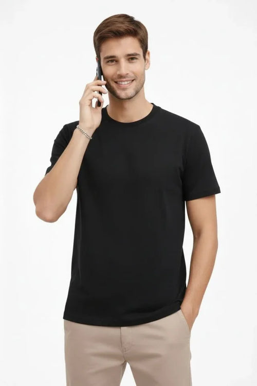 Erkek Bisiklet Yaka Tişört Regular Kalıp Basic Pamuklu Günlük Kullanım T-shirt - Siyah (184260)