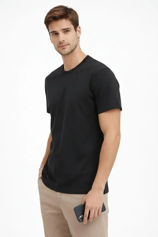 Erkek Bisiklet Yaka Tişört Regular Kalıp Basic Pamuklu Günlük Kullanım T-shirt - Siyah (184260)