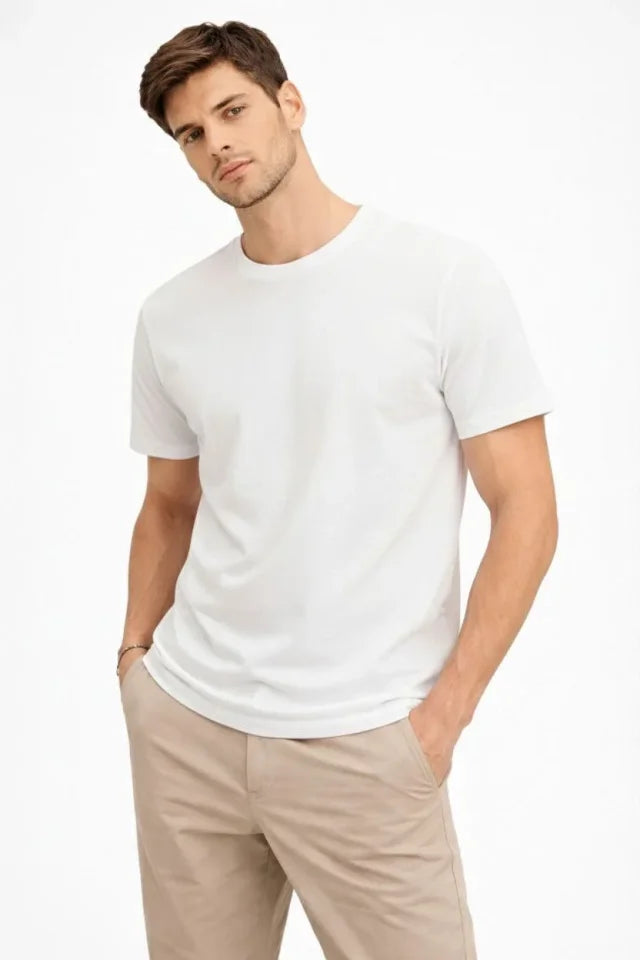 Erkek Bisiklet Yaka Tişört Regular Kalıp Basic Pamuklu Günlük Kullanım T-shirt - Beyaz (184261)
