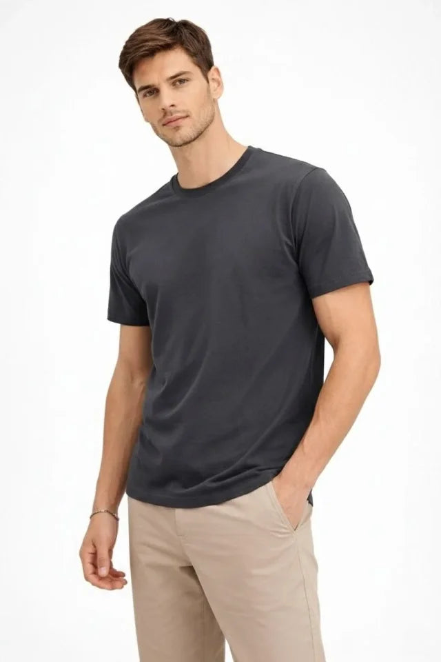 Erkek Bisiklet Yaka Tişört Regular Kalıp Basic Pamuklu Günlük Kullanım T-shirt - Füme (184262)