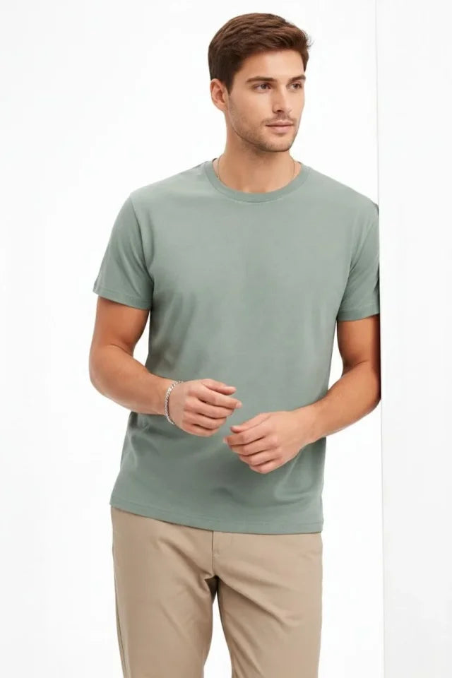 Erkek Bisiklet Yaka Tişört Regular Kalıp Basic Pamuklu Günlük Kullanım T-shirt - Mint Yeşili (184263)