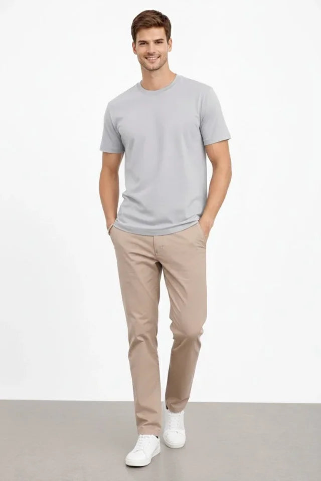 Erkek Bisiklet Yaka Tişört Regular Kalıp Basic Pamuklu Günlük Kullanım T-shirt - Gri (184264)