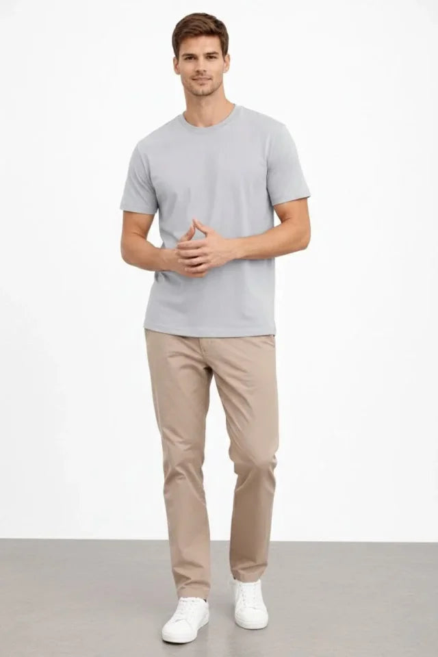 Erkek Bisiklet Yaka Tişört Regular Kalıp Basic Pamuklu Günlük Kullanım T-shirt - Gri (184264)