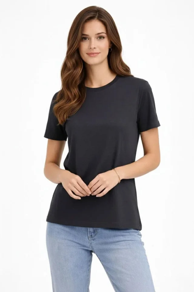Bisiklet Yaka Tişört Regular Kalıp Basic Pamuklu Günlük Kullanım T-shirt - Füme (184266)