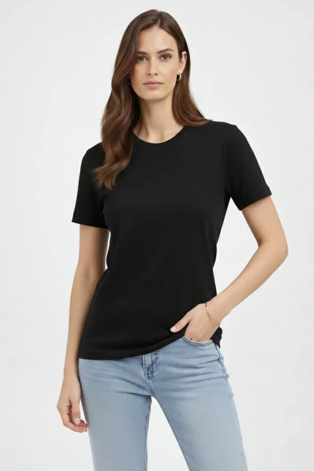 Bisiklet Yaka Tişört Regular Kalıp Basic Pamuklu Günlük Kullanım T-shirt - Siyah (184267)