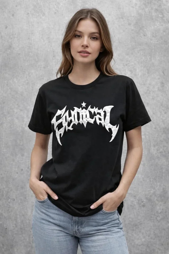 Bisiklet Yaka Ön Baskılı  Kısa Kollu Tişört Streetwear Günlük Basic Pamuklu T-shirt - Siyah (184270)
