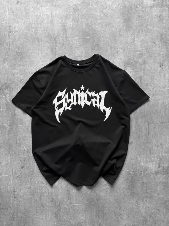 Bisiklet Yaka Ön Baskılı  Kısa Kollu Tişört Streetwear Günlük Basic Pamuklu T-shirt - Siyah (184270)