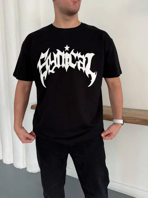 Erkek Bisiklet Yaka Ön Baskılı  Kısa Kollu Tişört Streetwear Günlük Basic Pamuklu T-shirt - Siyah (184272)