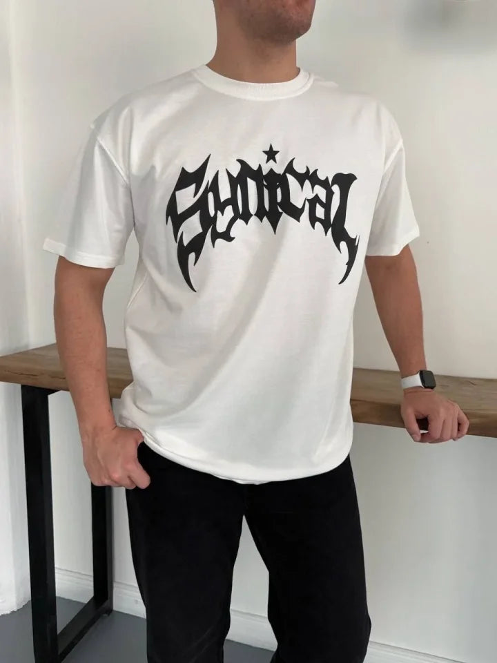 Erkek Bisiklet Yaka Ön Baskılı Kısa Kollu Tişört Streetwear Günlük Basic Pamuklu T-shirt - Beyaz (184273)