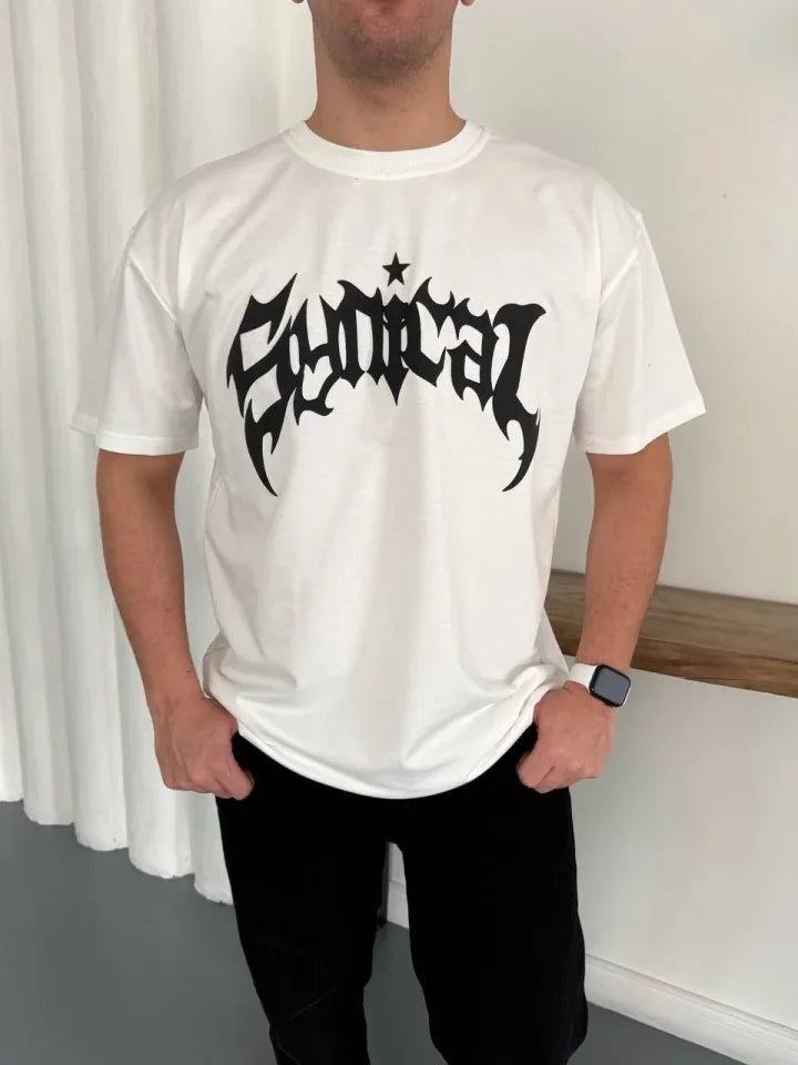 Erkek Bisiklet Yaka Ön Baskılı Kısa Kollu Tişört Streetwear Günlük Basic Pamuklu T-shirt - Beyaz (184273)
