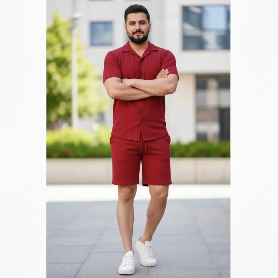 Erkek Waffle Kumaş Kısa Kollu Gömlek Şort Takım Regular Fit Yazlık İkili Set - Bordo (184274)