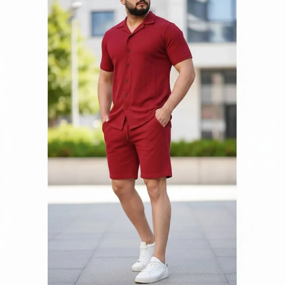 Erkek Waffle Kumaş Kısa Kollu Gömlek Şort Takım Regular Fit Yazlık İkili Set - Bordo (184274)
