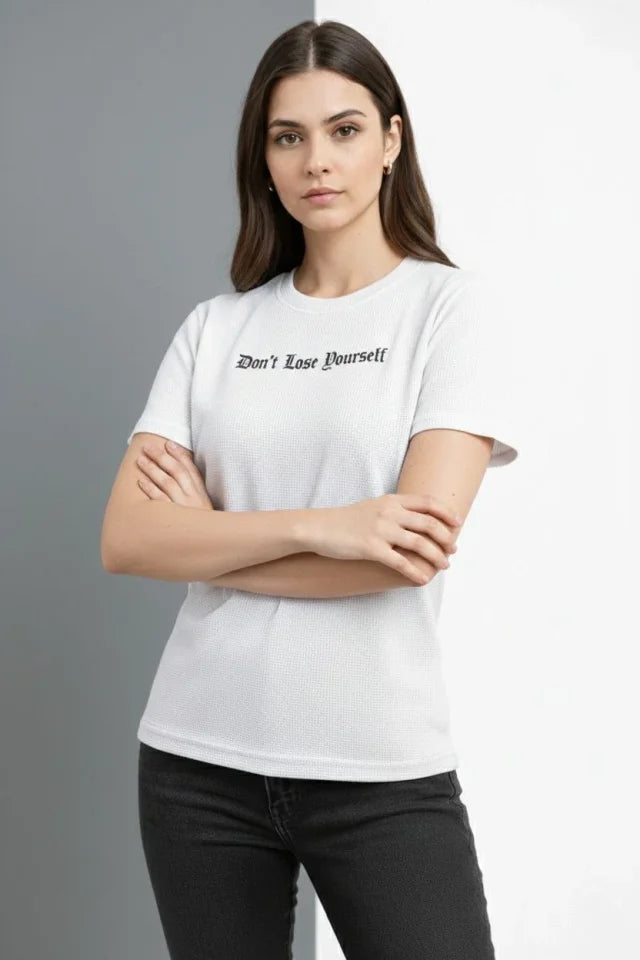 Wafıl Kumaş Tişört Regular Kalıp Bisiklet Yaka Baskılı Günlük Basic T-Shirt - Beyaz (184304)