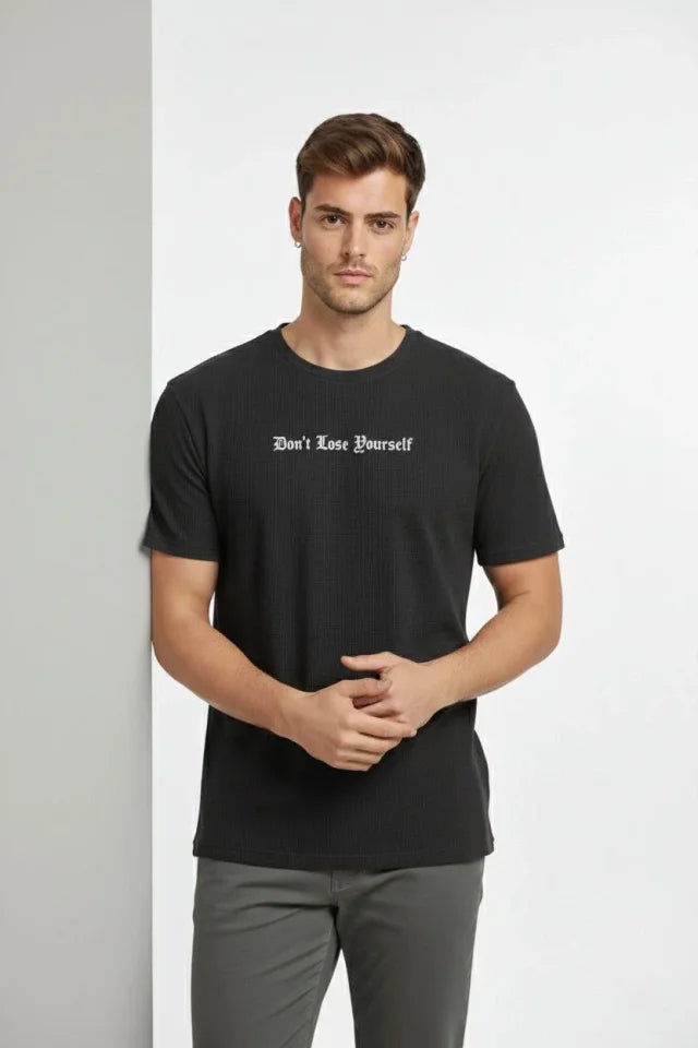 Erkek Wafıl Kumaş Tişört Regular Kalıp Bisiklet Yaka Baskılı Günlük Basic T-Shirt - Siyah (184305)