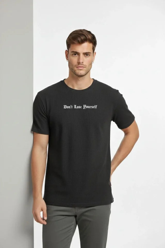 Erkek Wafıl Kumaş Tişört Regular Kalıp Bisiklet Yaka Baskılı Günlük Basic T-Shirt - Siyah (184305)