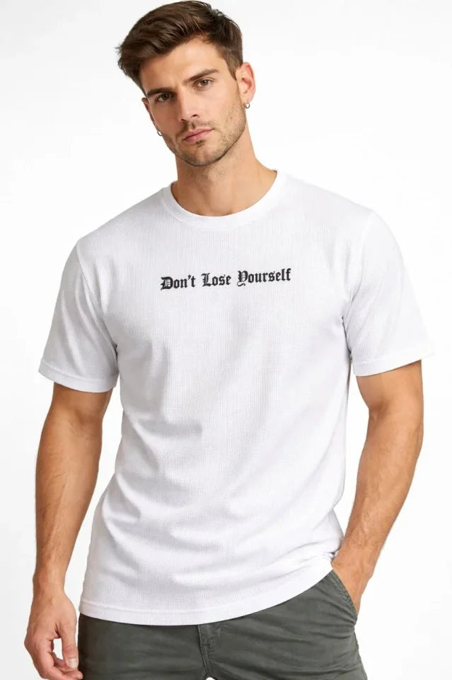 Erkek Wafıl Kumaş Tişört Regular Kalıp Bisiklet Yaka Baskılı Günlük Basic T-Shirt - Beyaz (184306)