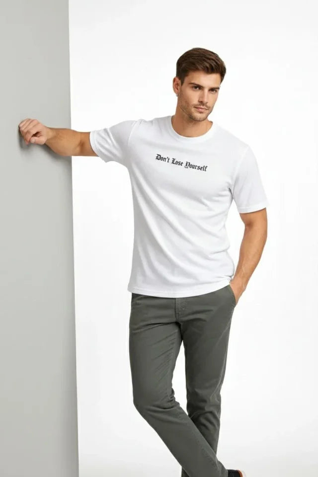 Erkek Wafıl Kumaş Tişört Regular Kalıp Bisiklet Yaka Baskılı Günlük Basic T-Shirt - Beyaz (184306)