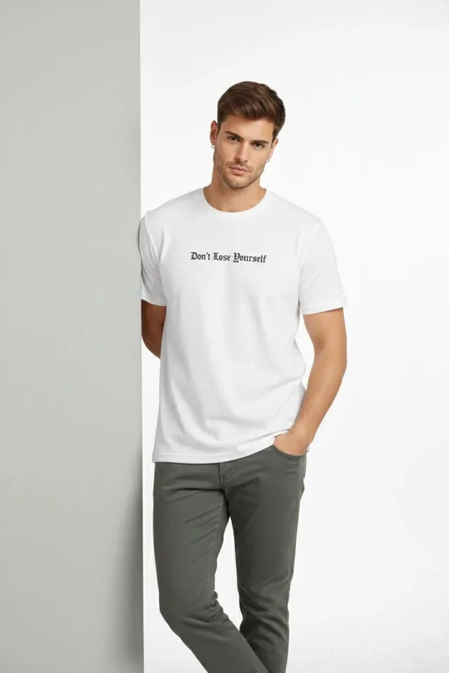 Erkek Wafıl Kumaş Tişört Regular Kalıp Bisiklet Yaka Baskılı Günlük Basic T-Shirt - Beyaz (184306)