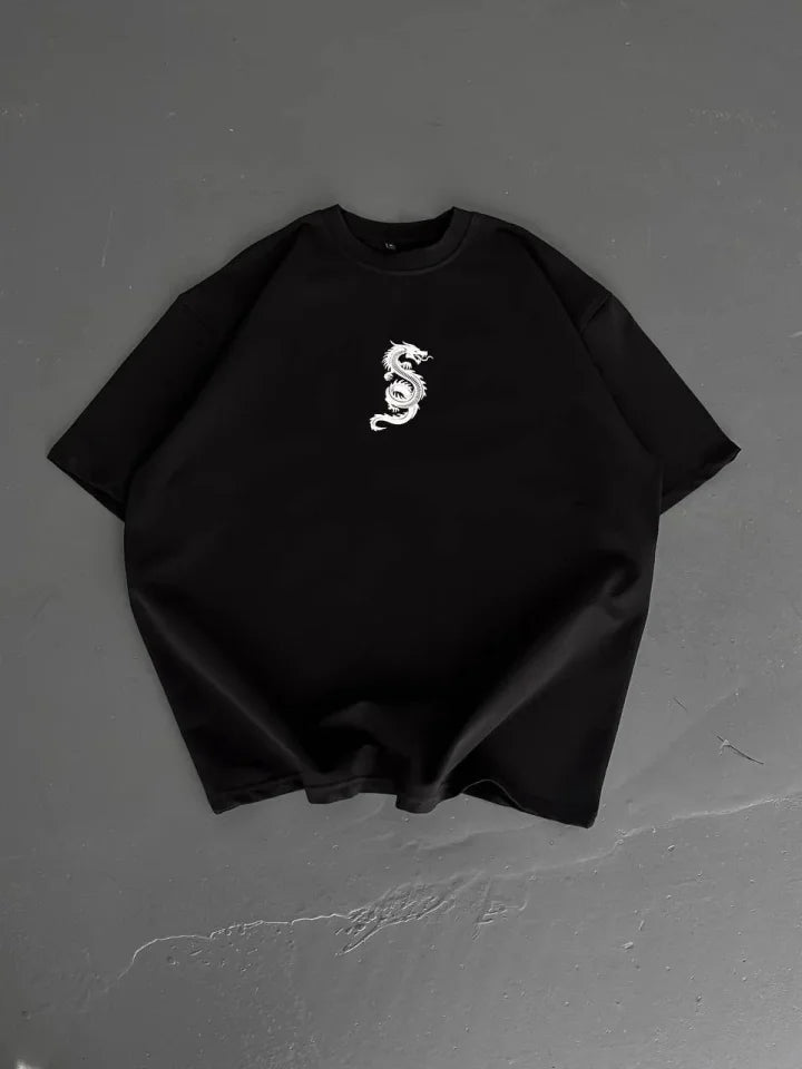 Baskılı Oversize Bisiklet Yaka T-shirt - Siyah (184319)
