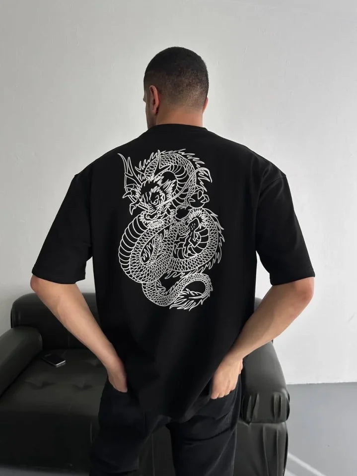 Baskılı Oversize Bisiklet Yaka T-shirt - Siyah (184319)