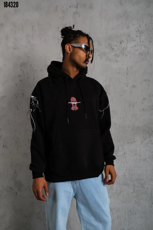 Erkek Oversize Üç İplik Kapüşonlu Sweatshirt Siyah Dont Be Terrified Ön Sırt ve Kol Baskılı Kanguru Cepli Ribanalı Rahat Model