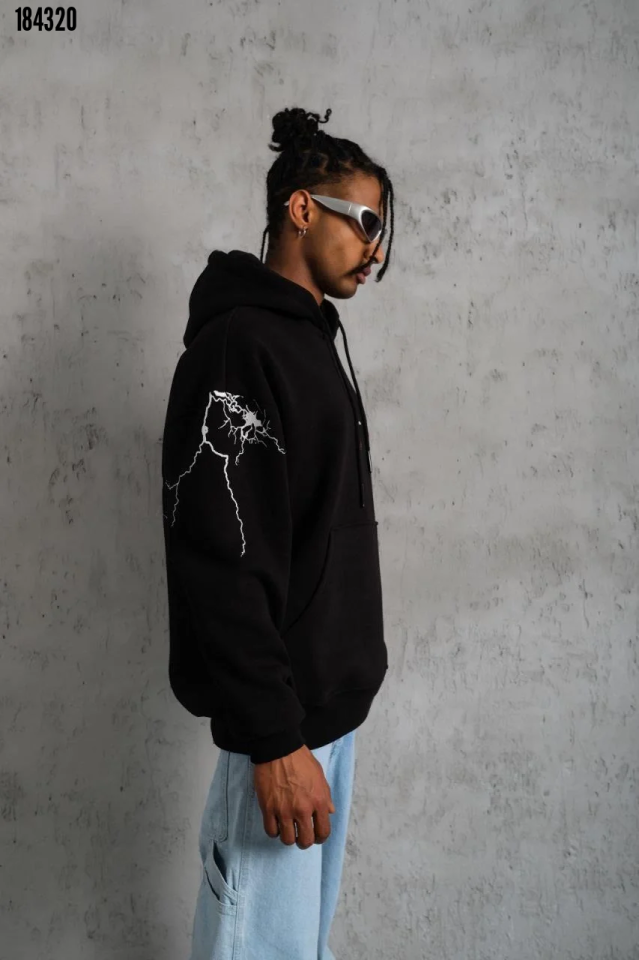 Erkek Oversize Üç İplik Kapüşonlu Sweatshirt Siyah Dont Be Terrified Ön Sırt ve Kol Baskılı Kanguru Cepli Ribanalı Rahat Model