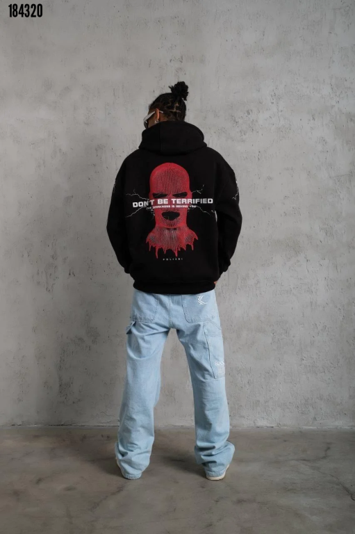Erkek Oversize Üç İplik Kapüşonlu Sweatshirt Siyah Dont Be Terrified Ön Sırt ve Kol Baskılı Kanguru Cepli Ribanalı Rahat Model