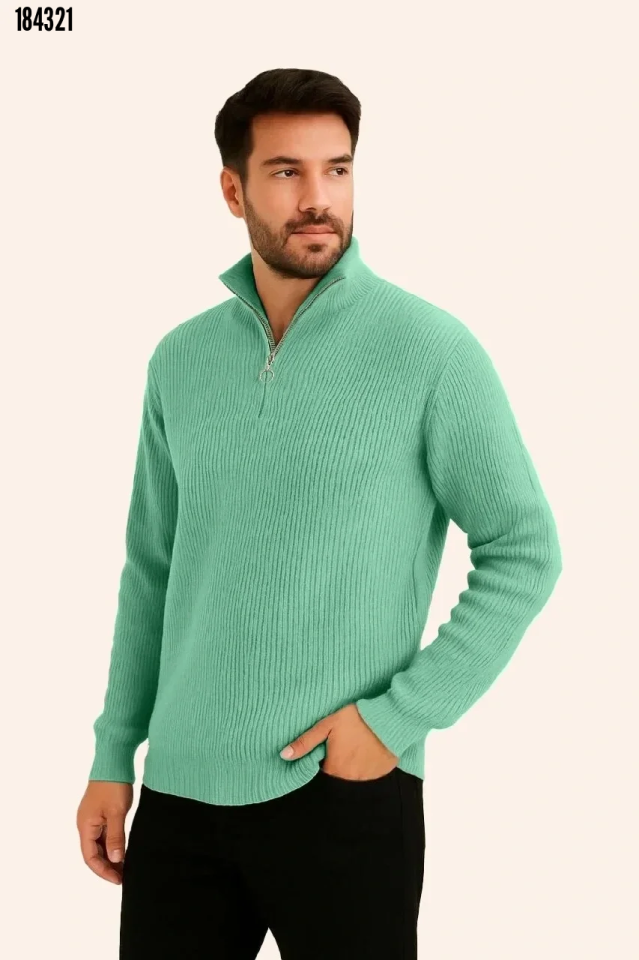 Erkek Fitilli Triko Kazak 3lü Set Mint Yeşili Siyah Bej V Yaka Fermuarlı Kışlık