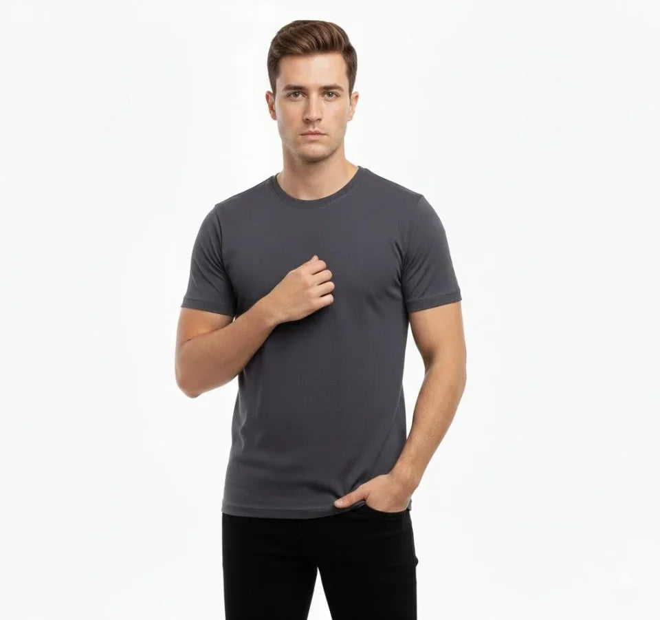 Erkek T-Shirt Bisiklet Yaka Slim Fit Dar Kesim Likralı Tişört Günlük Basic Body - Füme (184422)