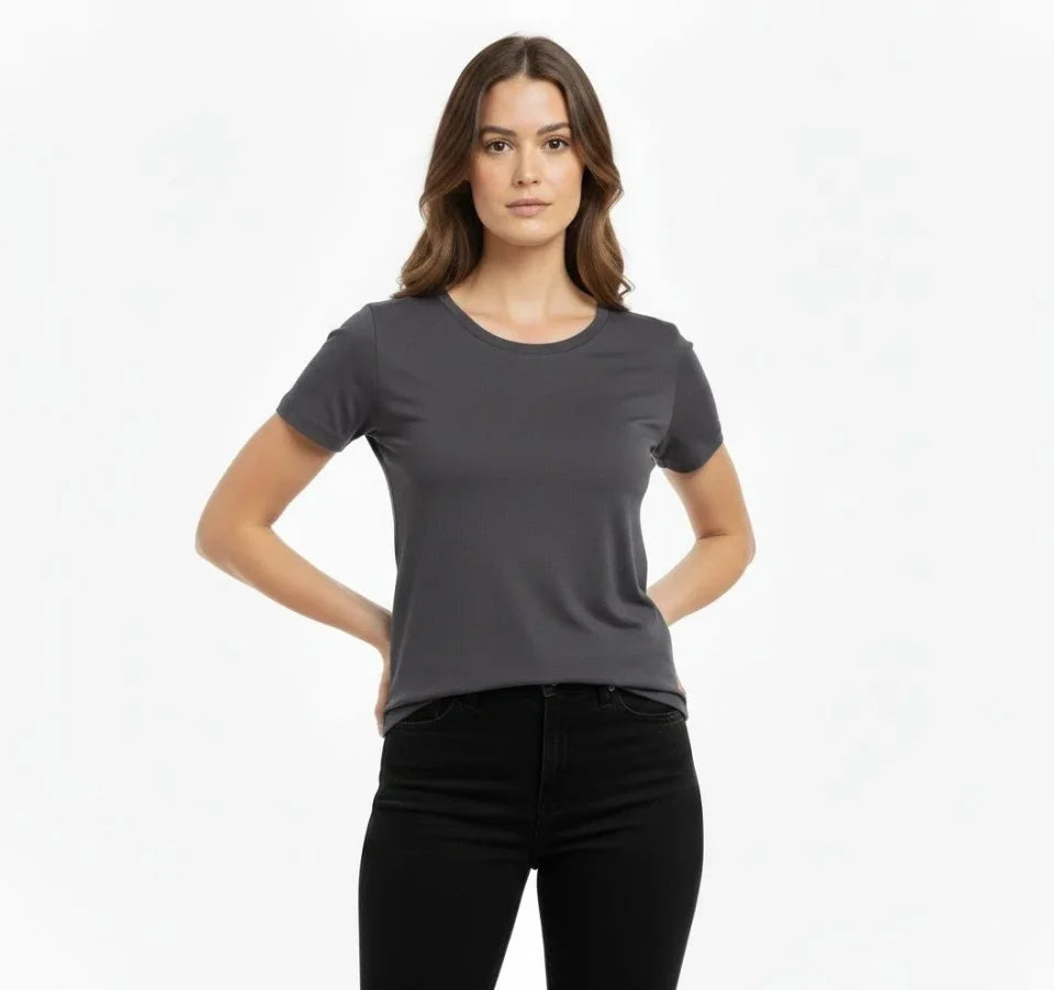 T-Shirt Bisiklet Yaka Slim Fit Likralı Tişört Günlük Basic Body - Füme (184424)
