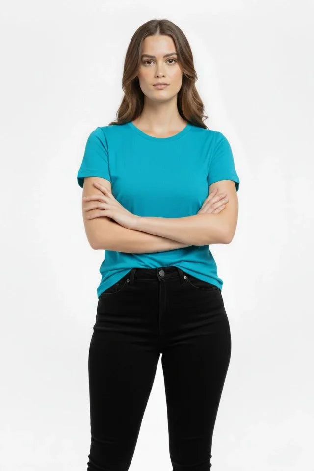 T-Shirt Bisiklet Yaka Slim Fit Likralı Tişört Günlük Basic Body - Turkuvaz (184435)