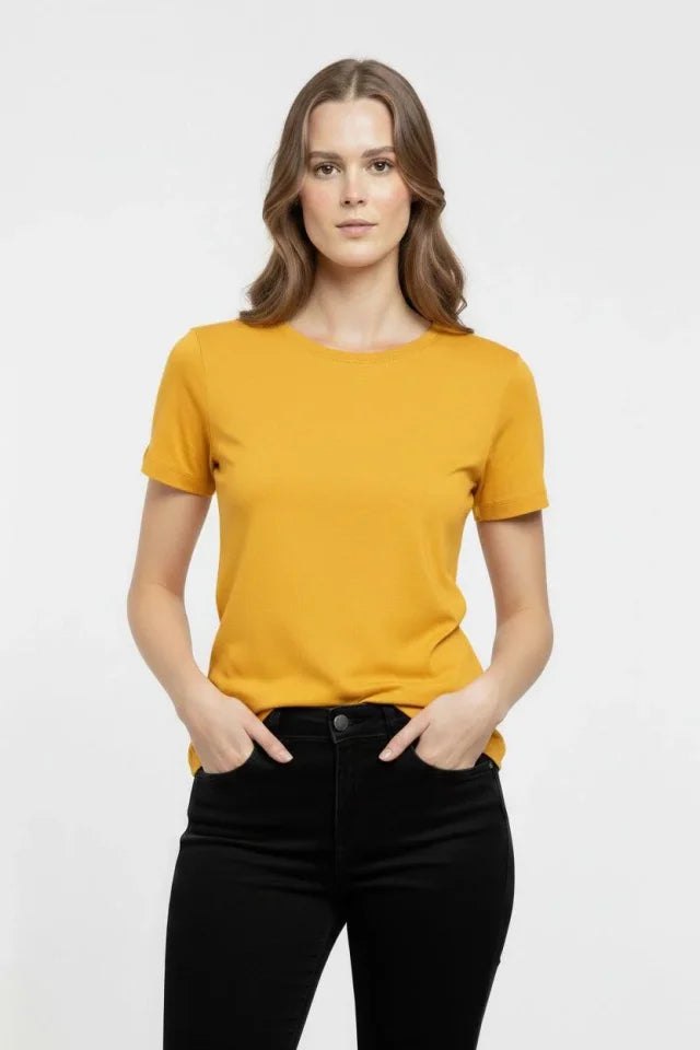 T-Shirt Bisiklet Yaka Slim Fit Likralı Tişört Günlük Basic Body - Sarı (184439)