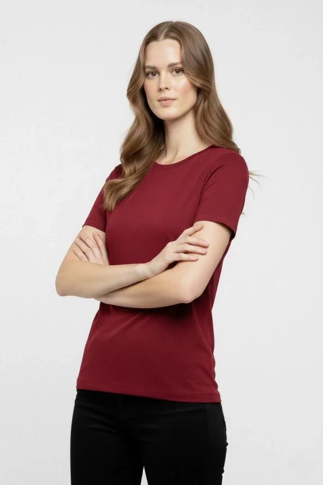 T-Shirt Bisiklet Yaka Slim Fit Likralı Tişört Günlük Basic Body - Bordo (184441)
