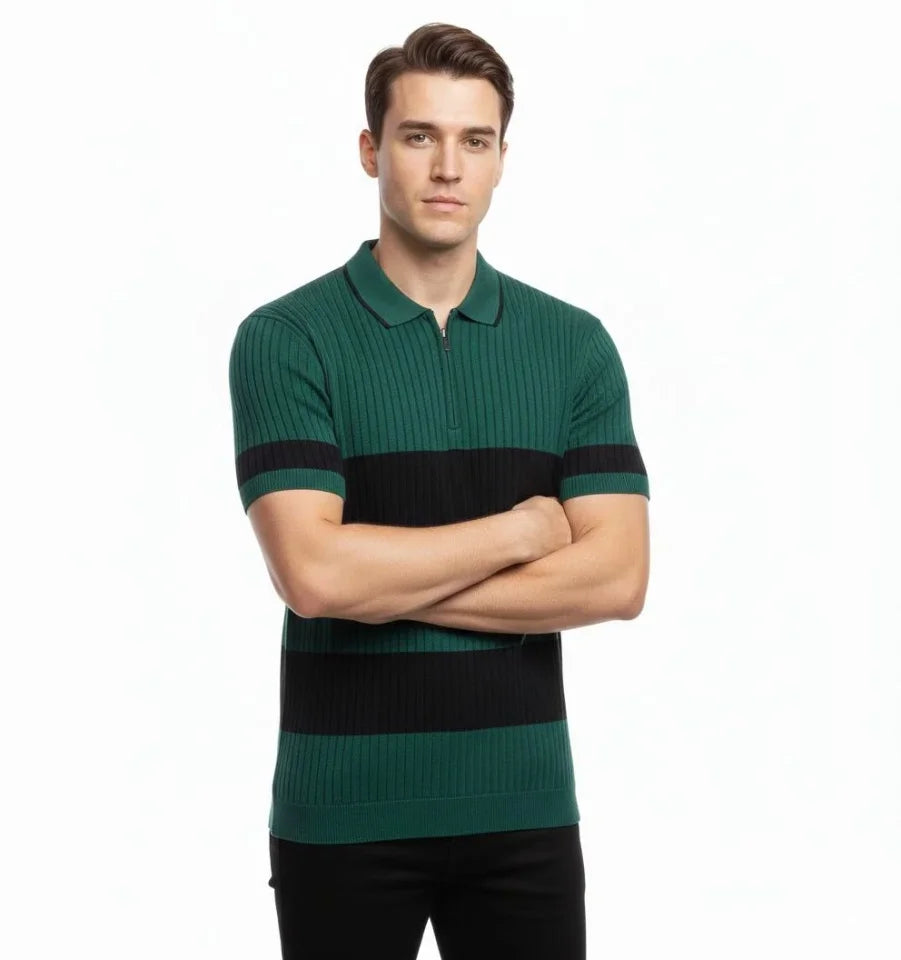 Erkek T-shirt Çizgili Triko Dokuma Kumaş Polo Yaka Yarım Fermuarlı Regular Kalıp Tişört - Çağla Yeşili (184446)