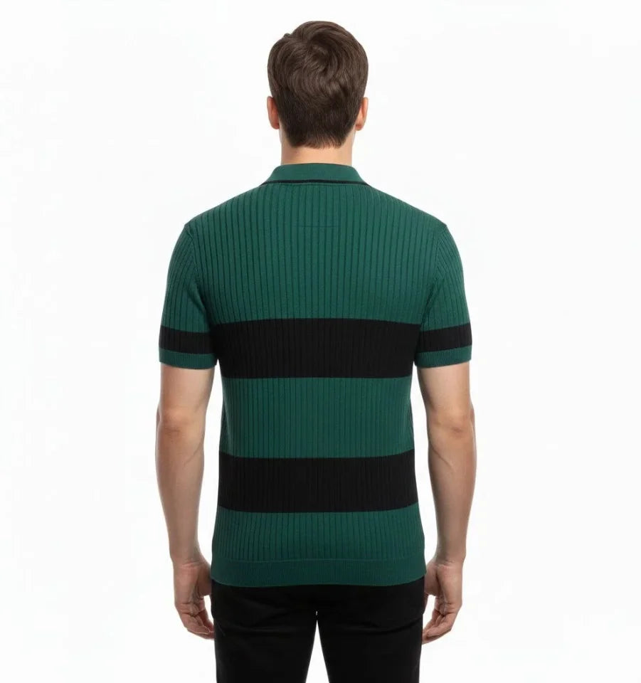 Erkek T-shirt Çizgili Triko Dokuma Kumaş Polo Yaka Yarım Fermuarlı Regular Kalıp Tişört - Çağla Yeşili (184446)