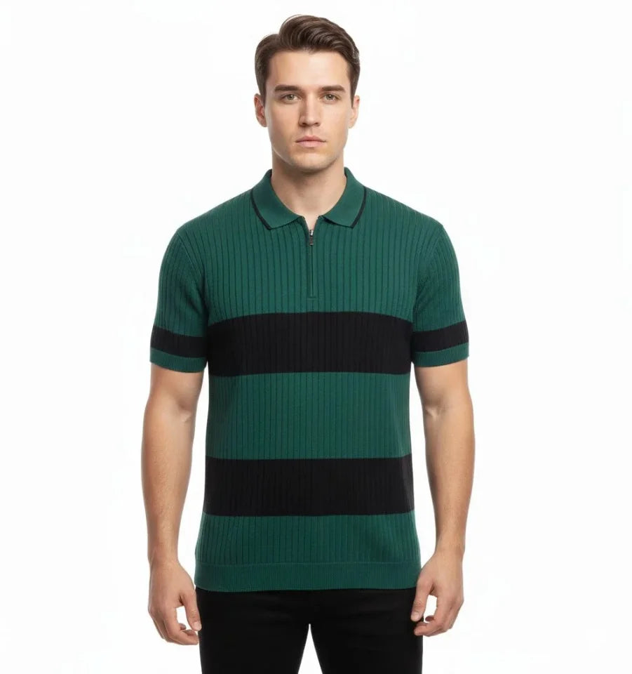 Erkek T-shirt Çizgili Triko Dokuma Kumaş Polo Yaka Yarım Fermuarlı Regular Kalıp Tişört - Çağla Yeşili (184446)