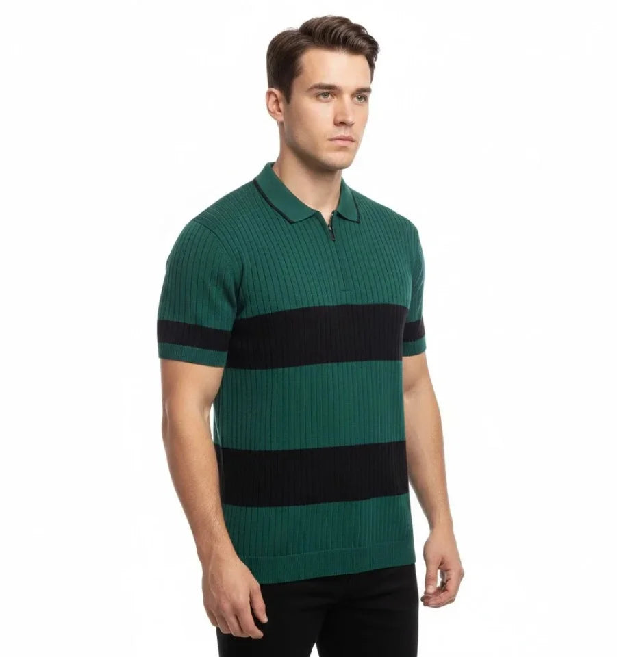 Erkek T-shirt Çizgili Triko Dokuma Kumaş Polo Yaka Yarım Fermuarlı Regular Kalıp Tişört - Çağla Yeşili (184446)