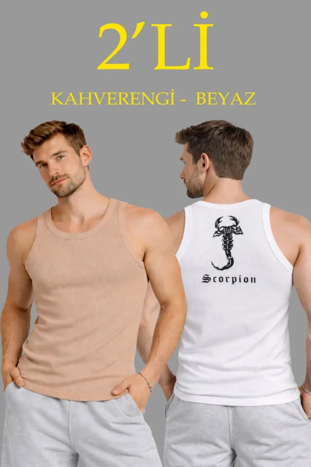 Erkek Spor Fitilli Atlet 2li Set Kahverengi Ve Beyaz Slim Fit Kaşkorse Arka Baskılı Spor Atlet (184504)