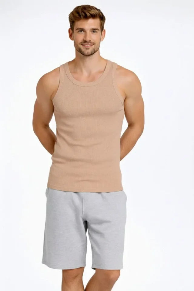 Erkek Spor Fitilli Atlet 2li Set Kahverengi Ve Beyaz Slim Fit Kaşkorse Arka Baskılı Spor Atlet (184504)