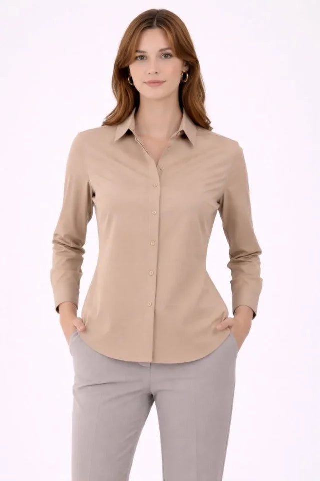 Uzun Kollu Gömlek Düğmeli Klasik Yaka Günlük Ve Ofis Şıklığına Uygun - Bej (184555)