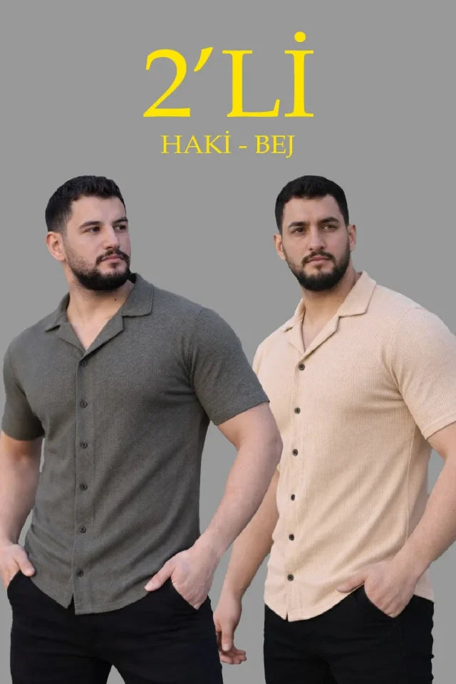 Erkek Waffle Dokuma Açık Yakalı Düğmeli Regular Kalıp 2’li Gömlek Seti - Haki - Bej (184595)