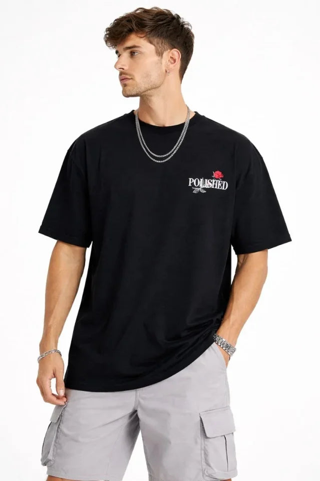 Erkek Bisiklet Yaka Baskılı  Kısa Kollu Tişört Streetwear Günlük Basic Pamuklu T-shirt - Siyah (184606)
