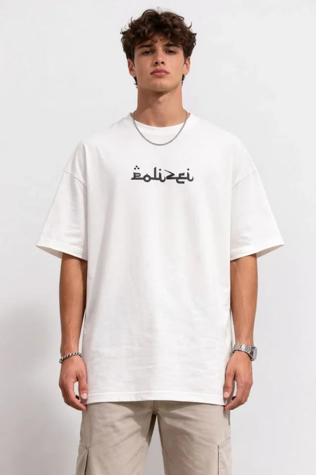 Erkek Bisiklet Yaka Baskılı Kısa Kollu Tişört Streetwear Günlük Basic Pamuklu T-shirt - Beyaz (184608)