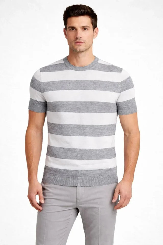Erkek T-shirt Çizgili Triko Dokuma Bisiklet Yaka Tişört - Gri (184613)