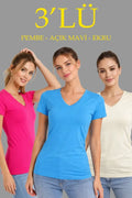 3lü V Yaka Tişört – Kısa Kollu Yazlık Slim Fit Body - Pembe, Açık Mavi, Ekru (184886)