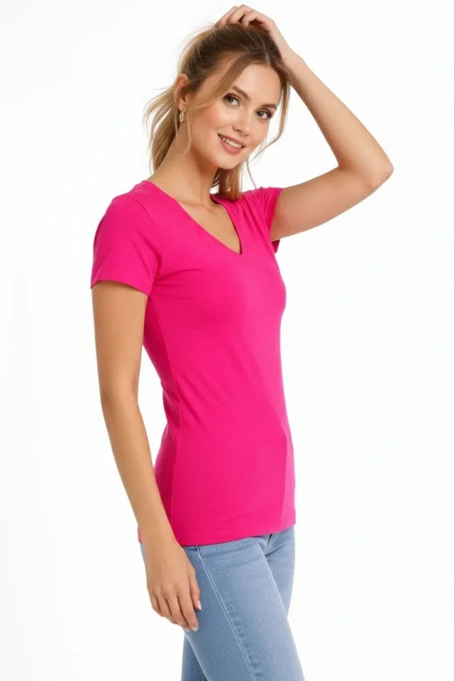 3lü V Yaka Tişört – Kısa Kollu Yazlık Slim Fit Body - Pembe, Açık Mavi, Ekru (184886)