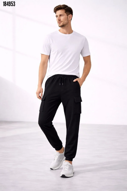 Erkek Jogger Eşofman Altı Regular Fit Kargo Cepli Lastikli Paça Günlük Spor Pantolon Siyah