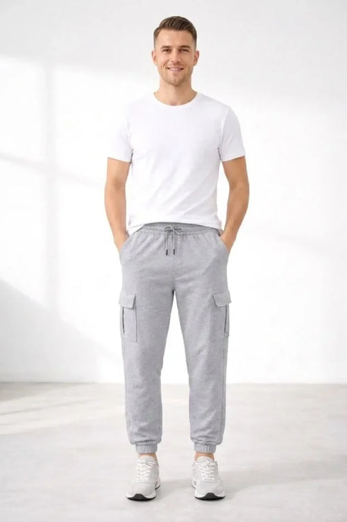 Erkek Jogger Eşofman Altı Regular Fit , Kargo Cepli, Lastikli Paça, Günlük Spor Pantolon - Gri (184954)