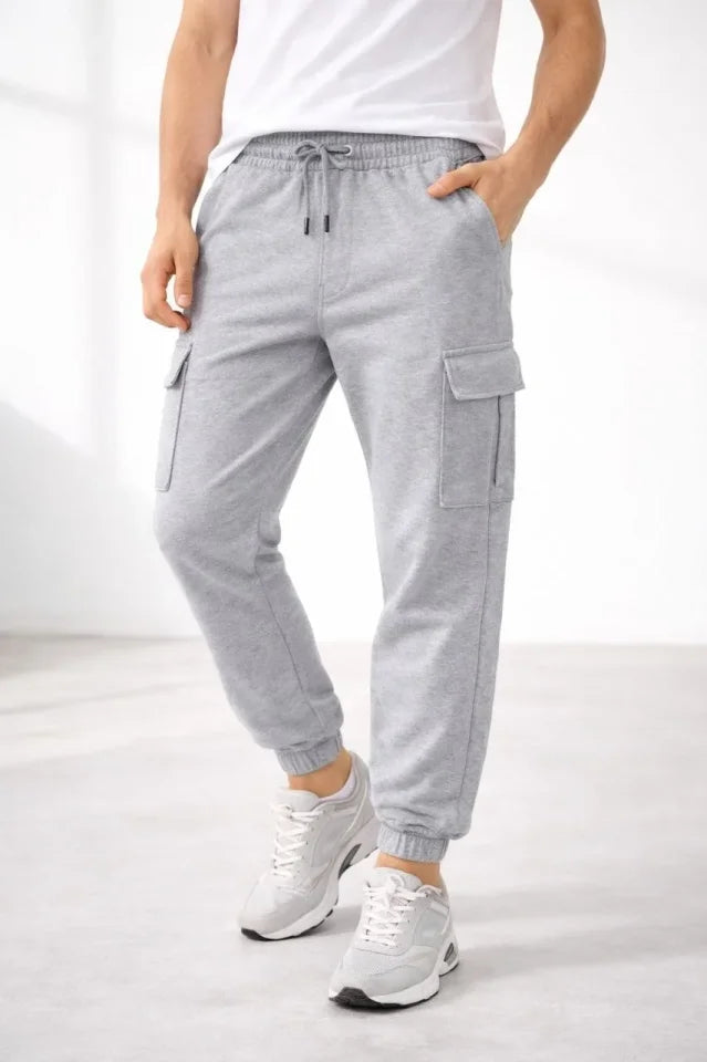 Erkek Jogger Eşofman Altı Regular Fit , Kargo Cepli, Lastikli Paça, Günlük Spor Pantolon - Gri (184954)